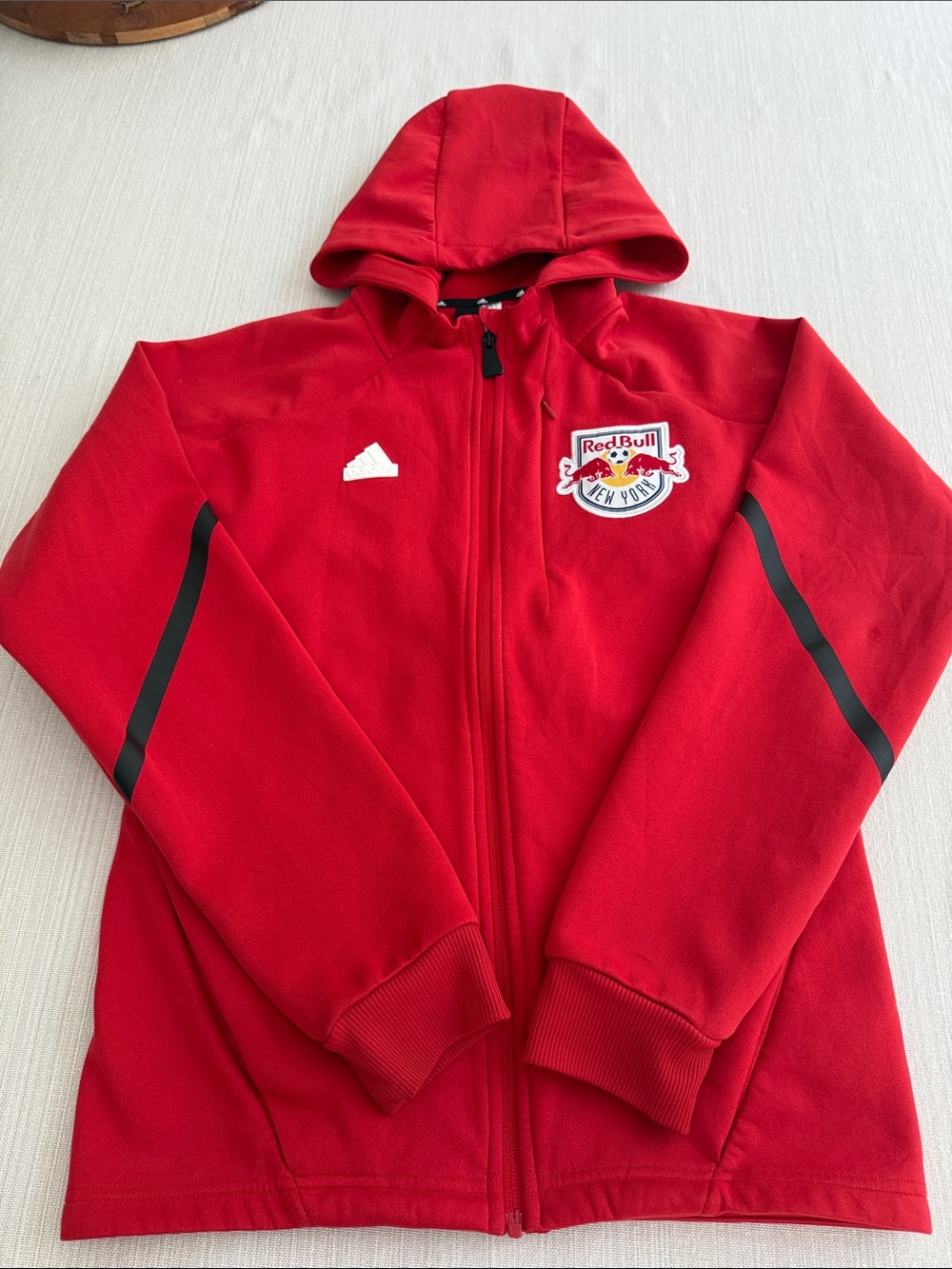 adidas Red Kids Hooded Red Bulls NY Zip Jacket w/3 zip pockets.S.Spot on sleeve.